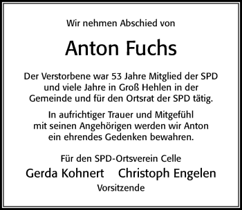 Traueranzeige von Anton Fuchs von Cellesche Zeitung