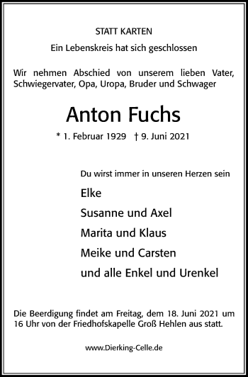 Traueranzeige von Anton Fuchs von Cellesche Zeitung