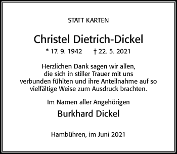 Traueranzeige von Christel Dietrich-Dickel von Cellesche Zeitung