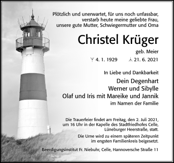 Traueranzeige von Christel Krüger von Cellesche Zeitung