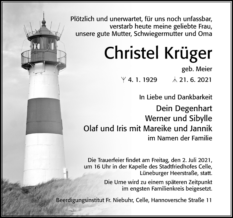  Traueranzeige für Christel Krüger vom 26.06.2021 aus Cellesche Zeitung