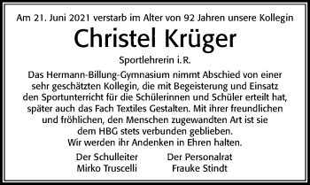 Traueranzeige von Christel Krüger von Cellesche Zeitung