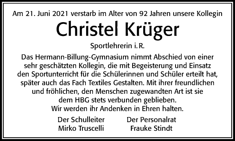  Traueranzeige für Christel Krüger vom 29.06.2021 aus Cellesche Zeitung