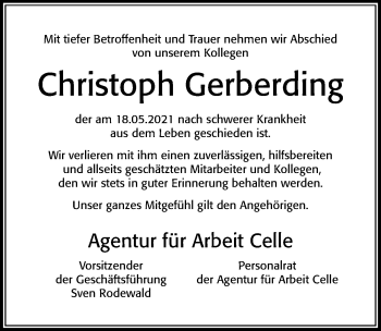 Traueranzeige von Christoph Gerberding von Cellesche Zeitung