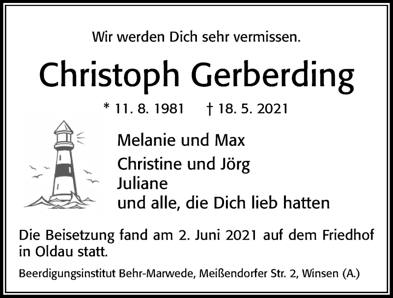  Traueranzeige für Christoph Gerberding vom 03.06.2021 aus Cellesche Zeitung