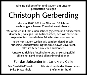 Traueranzeige von Christoph Gerberding von Cellesche Zeitung