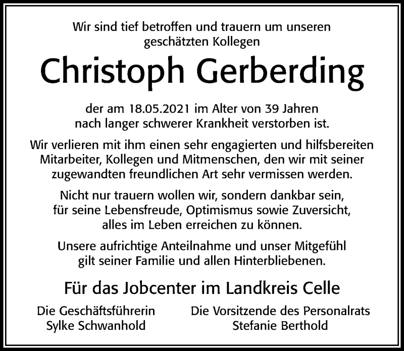  Traueranzeige für Christoph Gerberding vom 05.06.2021 aus Cellesche Zeitung