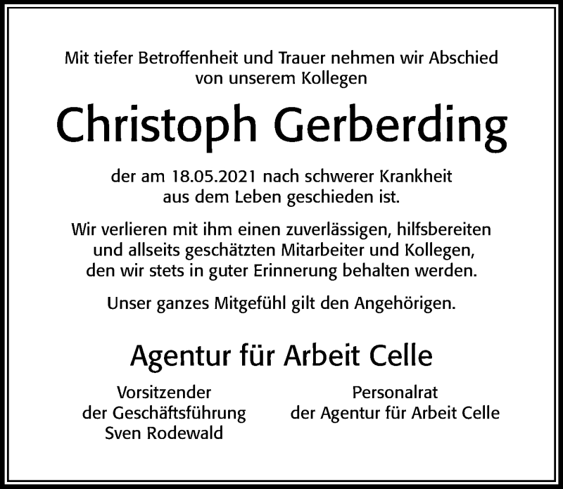  Traueranzeige für Christoph Gerberding vom 05.06.2021 aus Cellesche Zeitung
