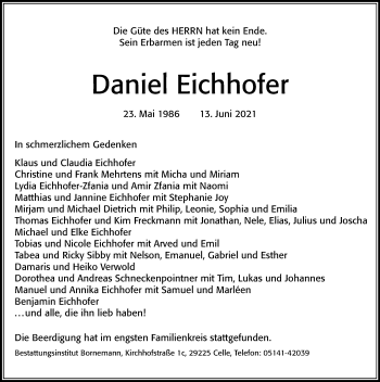 Traueranzeige von Daniel Eichhofer von Cellesche Zeitung