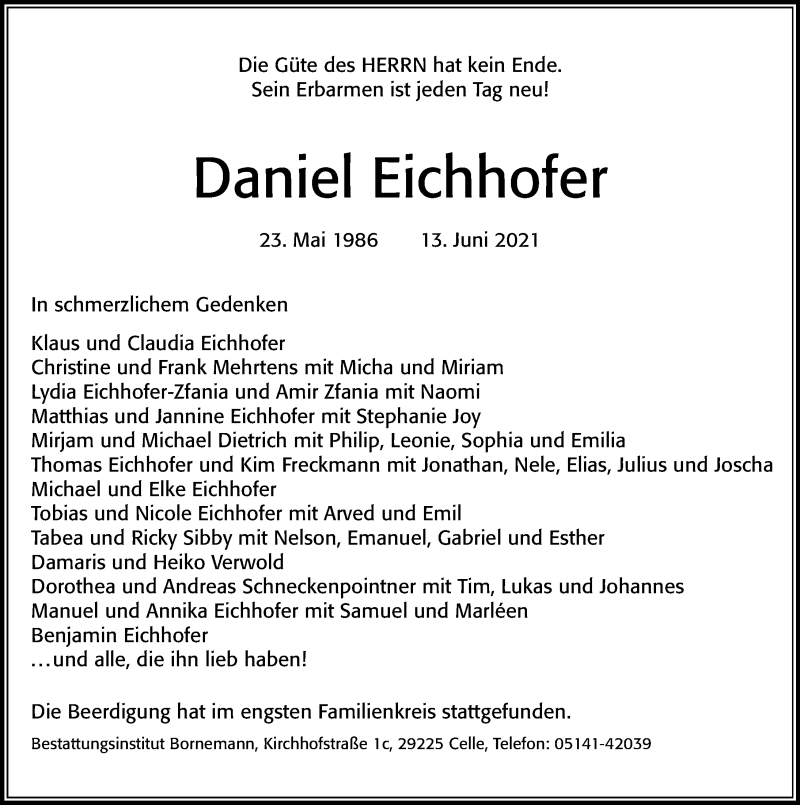  Traueranzeige für Daniel Eichhofer vom 26.06.2021 aus Cellesche Zeitung