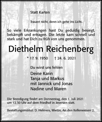 Traueranzeige von Diethelm Reichenberg von Cellesche Zeitung