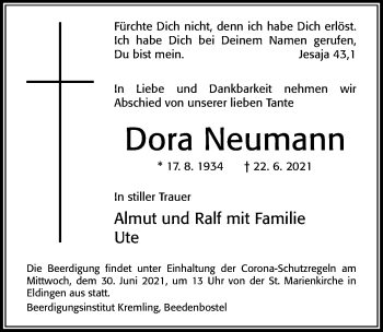 Traueranzeige von Dora Neumann von Cellesche Zeitung