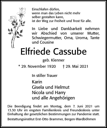 Traueranzeige von Elfriede Cassube von Cellesche Zeitung