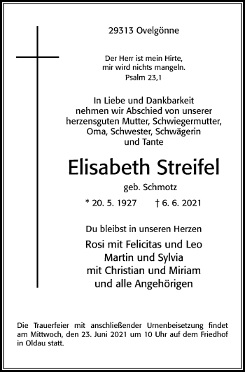 Traueranzeige von Elisabeth Streifel von Cellesche Zeitung