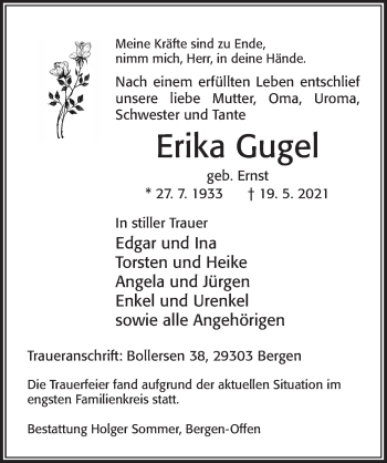 Traueranzeige von Erika Gugel von Cellesche Zeitung