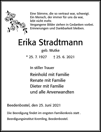 Traueranzeige von Erika Stradtmann von Cellesche Zeitung