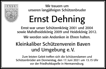 Traueranzeige von Ernst Dehning von Cellesche Zeitung