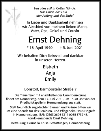 Traueranzeige von Ernst Dehning von Cellesche Zeitung