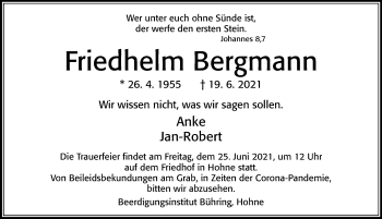 Traueranzeige von Friedhelm Bergmann von Cellesche Zeitung