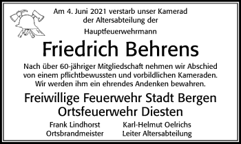 Traueranzeige von Friedrich Behrens von Cellesche Zeitung