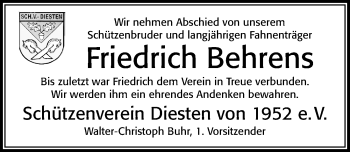 Traueranzeige von Friedrich Behrens von Cellesche Zeitung