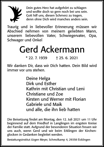 Traueranzeige von Gerd Ackermann von Cellesche Zeitung