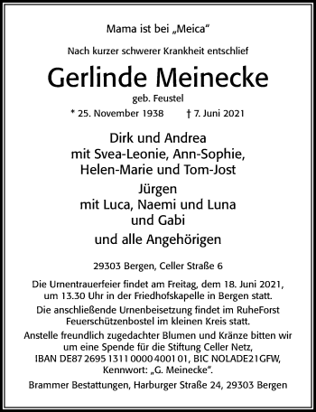 Traueranzeige von Gerlinde Meinecke von Cellesche Zeitung