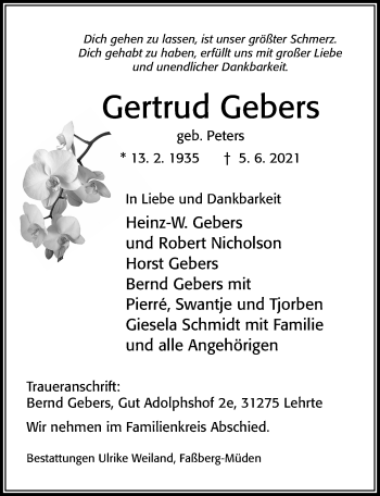 Traueranzeige von Gertrud Gebers von Cellesche Zeitung