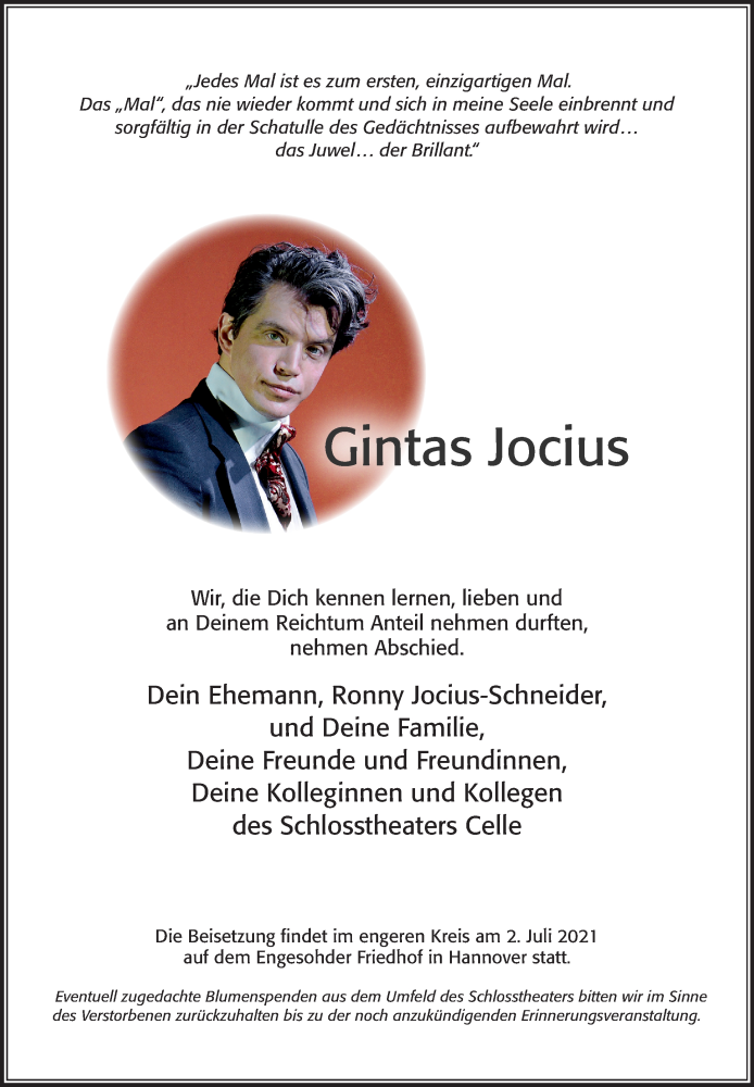  Traueranzeige für Gintas Jocius vom 30.06.2021 aus Cellesche Zeitung