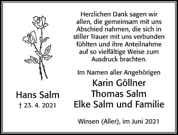 Traueranzeige von Hans Salm von Cellesche Zeitung