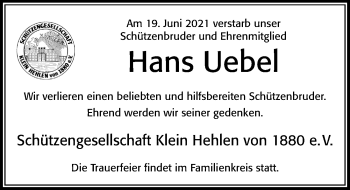 Traueranzeige von Hans Uebel von Cellesche Zeitung