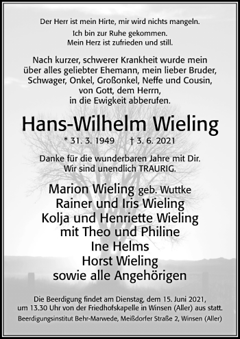 Traueranzeige von Hans-Wilhelm Wieling von Cellesche Zeitung