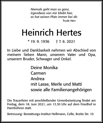 Traueranzeige von Heinrich Hertes von Cellesche Zeitung