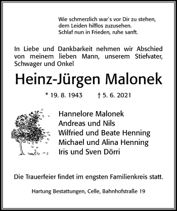 Traueranzeige von Heinz-Jürgen Malonek von Cellesche Zeitung