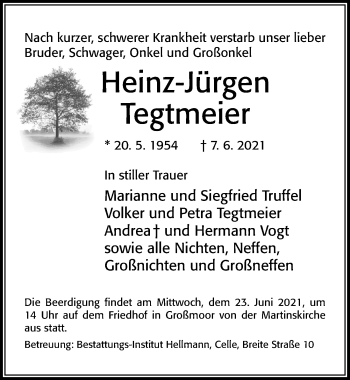 Traueranzeige von Heinz-Jürgen Tegtmeier von Cellesche Zeitung