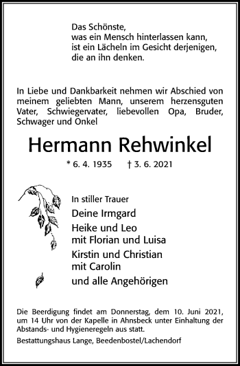 Traueranzeige von Hermann Rehwinkel von Cellesche Zeitung