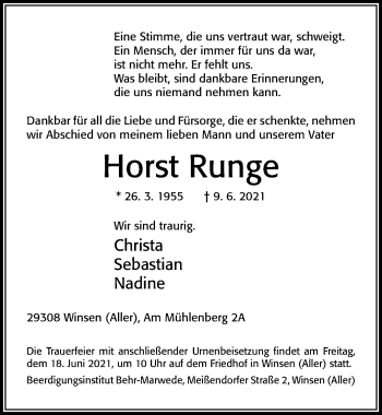 Traueranzeige von Horst Runge von Cellesche Zeitung