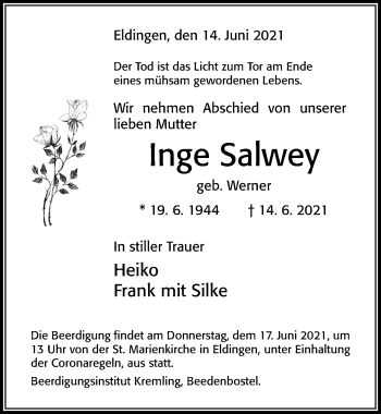 Traueranzeige von Inge Salwey von Cellesche Zeitung