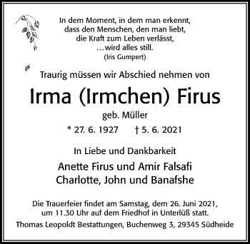 Traueranzeige von Irma Firus von Cellesche Zeitung