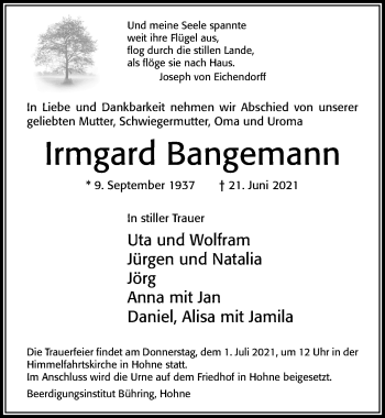 Traueranzeige von Irmgard Bangemann von Cellesche Zeitung