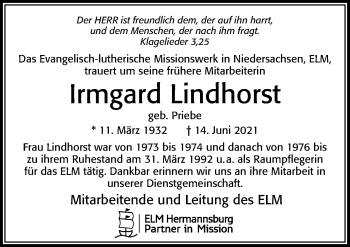 Traueranzeige von Irmgard Lindhorst von Cellesche Zeitung