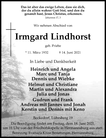 Traueranzeige von Irmgard Lindhorst von Cellesche Zeitung