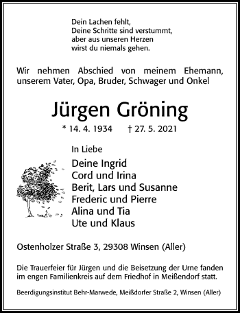 Traueranzeige von Jürgen Gröning von Cellesche Zeitung