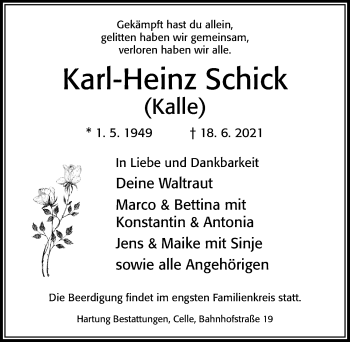 Traueranzeige von Karl-Heinz Schick von Cellesche Zeitung