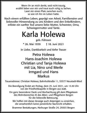 Traueranzeige von Karla Holewa von Cellesche Zeitung