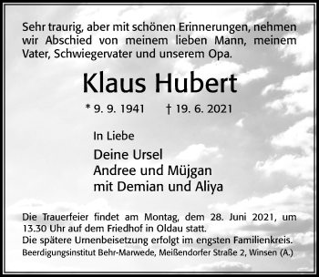 Traueranzeige von Klaus Hubert von Cellesche Zeitung