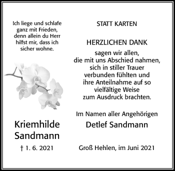 Traueranzeige von Kriemhilde Sandmann von Cellesche Zeitung