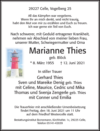 Traueranzeige von Marianne Thies von Cellesche Zeitung