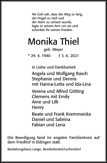 Traueranzeige von Monika Thiel von Cellesche Zeitung