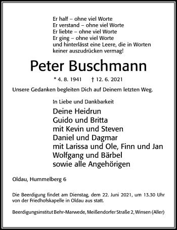 Traueranzeige von Peter Buschmann von Cellesche Zeitung